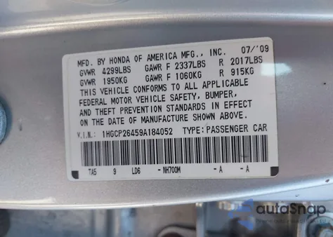2009 Honda Accord 2.4 Lx-P from USA, damaged, VIN 1HGCP26459A184052